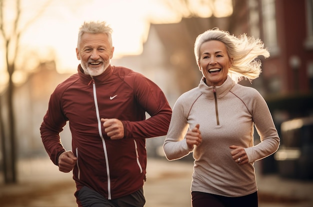 Een ouder echtpaar is aan het joggen in een open veld