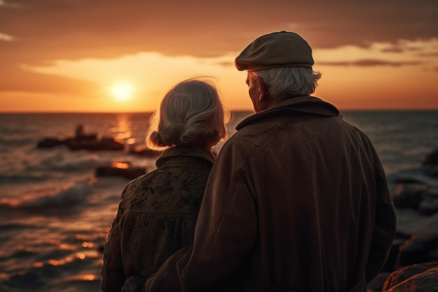 Een ouder echtpaar kijkt naar de zonsondergang over de oceaan