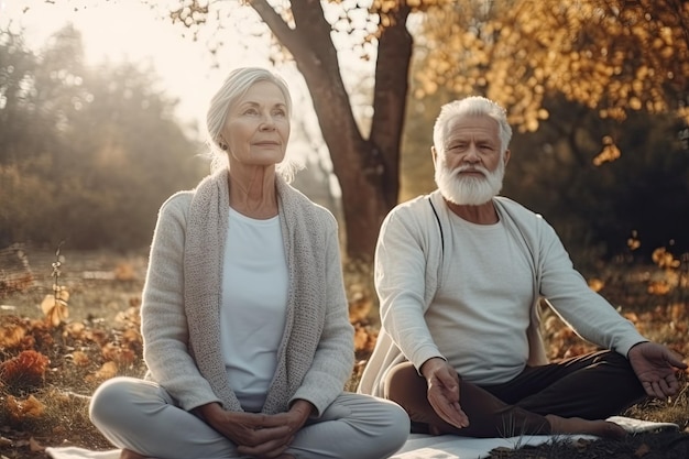 Een ouder echtpaar mediteert in het park en zorgt voor hun geestelijke gezondheid en welzijn, omringd door natuur en rust Generatieve AI