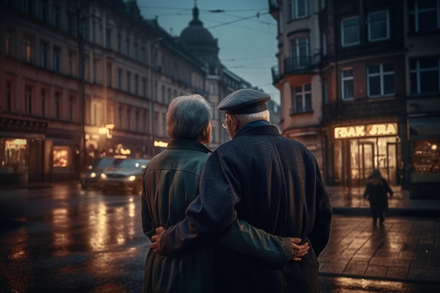 Een ouder echtpaar staat in een regenachtige straat