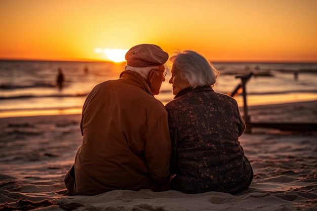 Een ouder echtpaar zit op het strand naar de zonsondergang te kijken