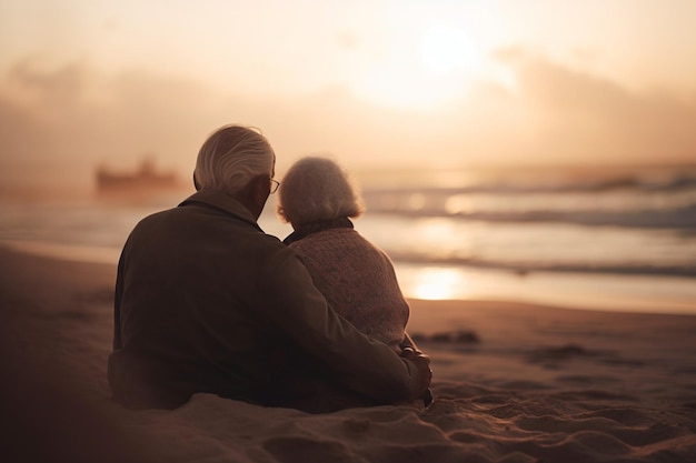 Een ouder echtpaar zittend op het strand kijkend naar de zonsondergang