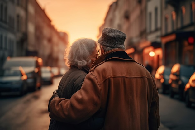 Een ouder stel omhelst elkaar op straat voor een zonsondergang