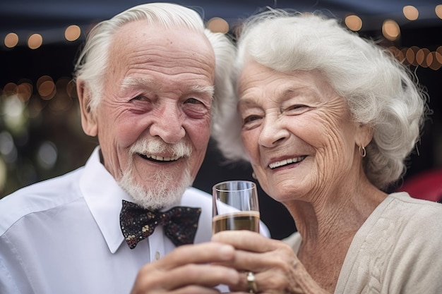 Een ouder stel proost met champagne op een sociaal evenement dat is gemaakt met generatieve AI