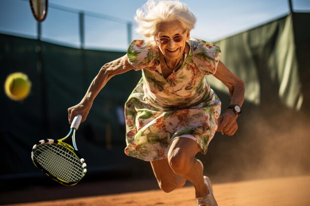 Een oudere actieve en energieke vrouw tennisracket in de hand jaagt achter een tennisbal aan op de baan