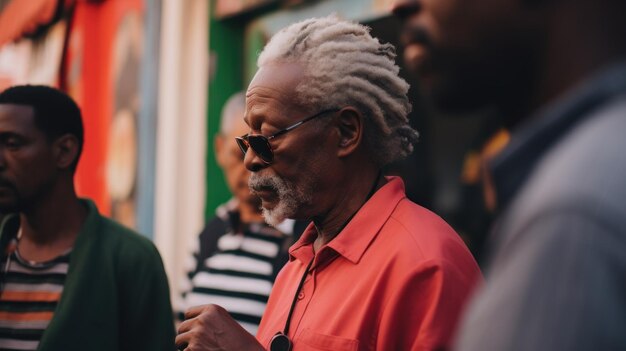 Een oudere Afrikaanse man met grijs haar en zonnebril leidt zelfverzekerd een groep mensen in een professionele omgeving