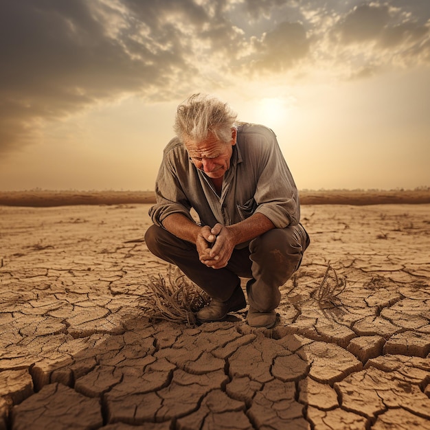 een oudere Afrikaanse man zat gebogen zijn knieën op droge grond en handen gesloten op zijn gezicht globale opwarming