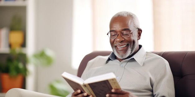 Een oudere Afro-Amerikaanse man leest een boek