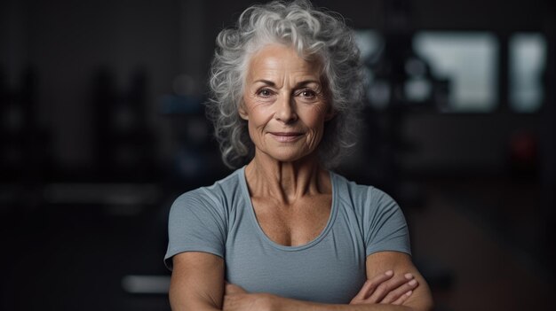 Een oudere atletische vrouw staat met haar armen over elkaar voor de sportschool Gemaakt met generatieve AI-technologie