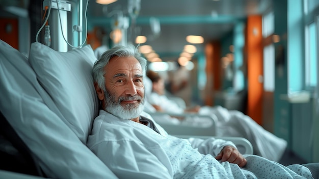 Een oudere blanke man die warm glimlacht terwijl hij in een ziekenhuisbed rust en het herstel afbeeldt