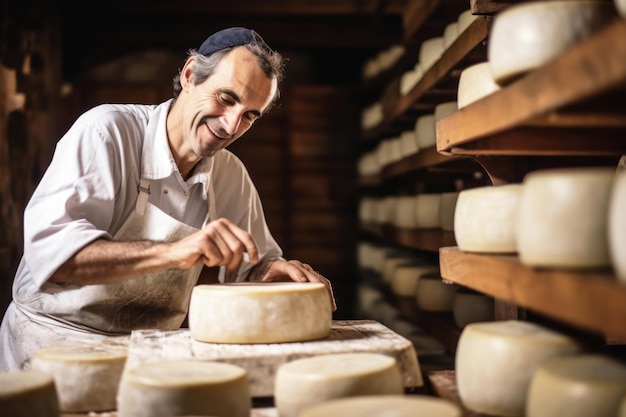 Een oudere boer controleert de bereidheid van zijn zelfgemaakte kaas De kaas rijpt in de kelder van de boer Zelfgemaakte kaasproductie Natuurproduct