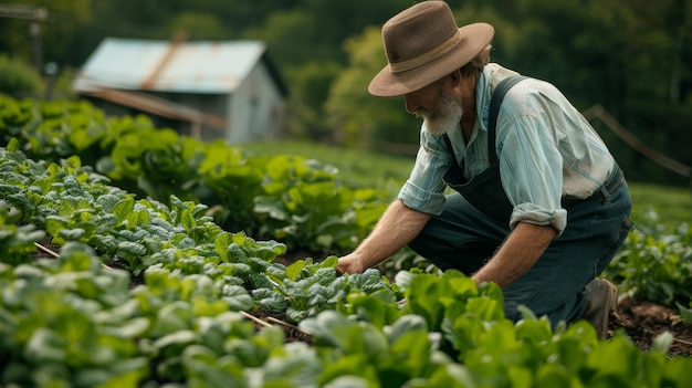 Een oudere boer die een veld met groene gewassen bewaakt en een hoed en overalls draagt