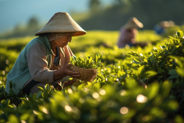 Een oudere boer plukt theeblaadjes