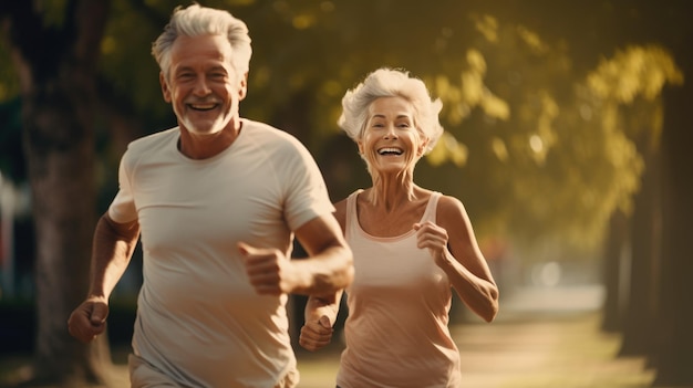 Een oudere echtpaar geniet van een ochtendlopen in het park het blonde haar van de vrouw stroomt sierlijk bij elkaar