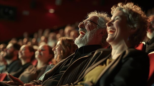 Een oudere echtpaar kijkt naar een film in een bioscoop. Ze lachen allebei en genieten van de film.