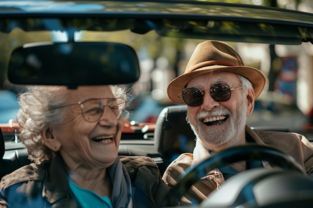 Foto een oudere echtpaar lacht in de auto.