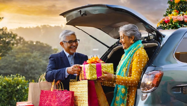 Een oudere echtpaar lost Diwali geschenken uit de kofferbak van de auto na het winkelen.