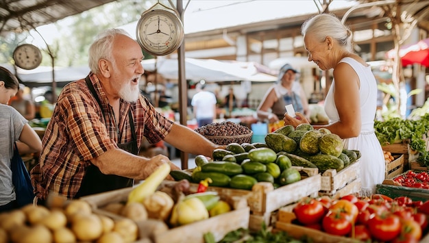 Foto een oudere echtpaar op de boerenmarkt.