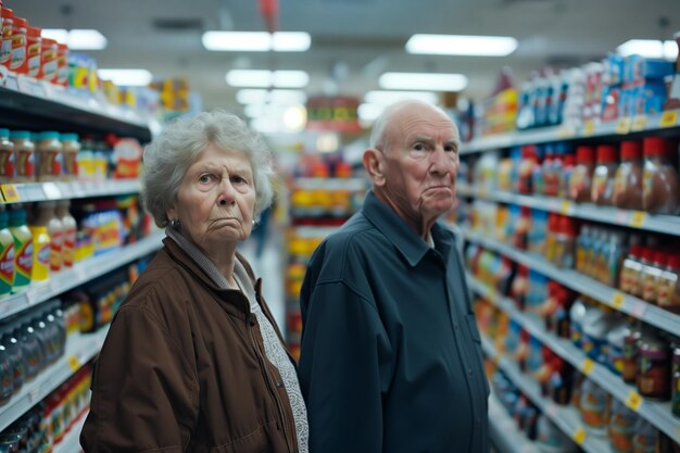 Een oudere echtpaar staat in een drukke supermarkt gang. Ze vergelijken zorgvuldig de prijzen.