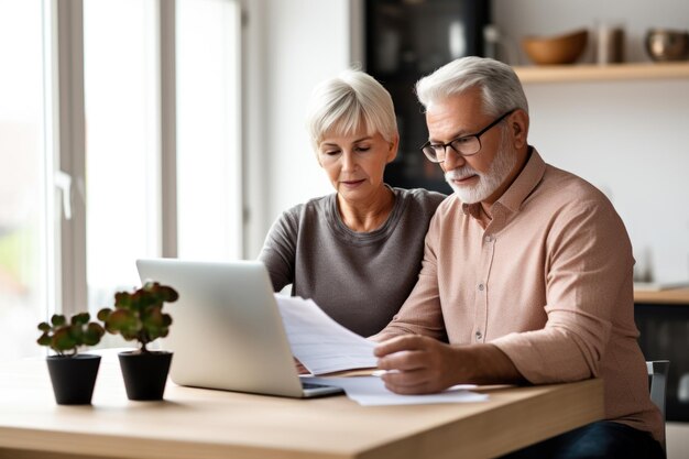 Een oudere echtpaar werkt aan financiën met een laptop. het concept is pensioenplanning thuis.