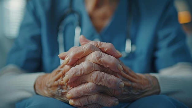 Een oudere kankerpatiënt in uniform wordt aangemoedigd door de dokter die haar hand vasthoudt