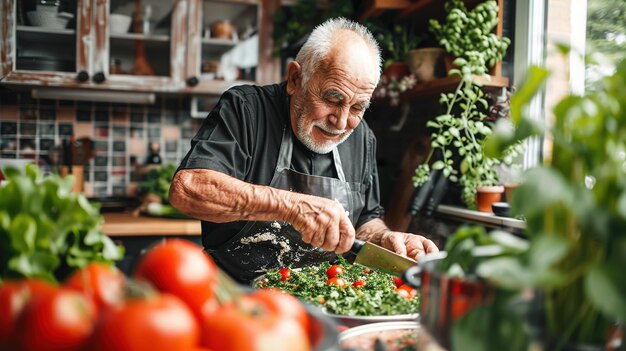 Een oudere man bereidt een salade voor in een keuken.