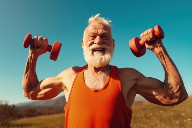 Een oudere man die dumbbells optilt in een park