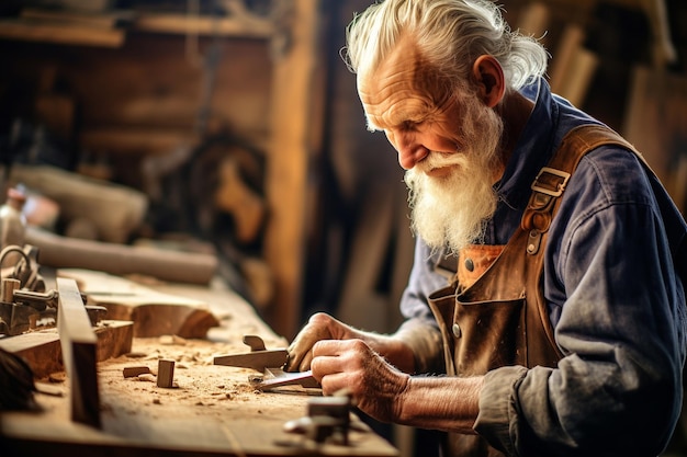 Een oudere man die houtbewerking als hobby beoefent in zijn werkplaats