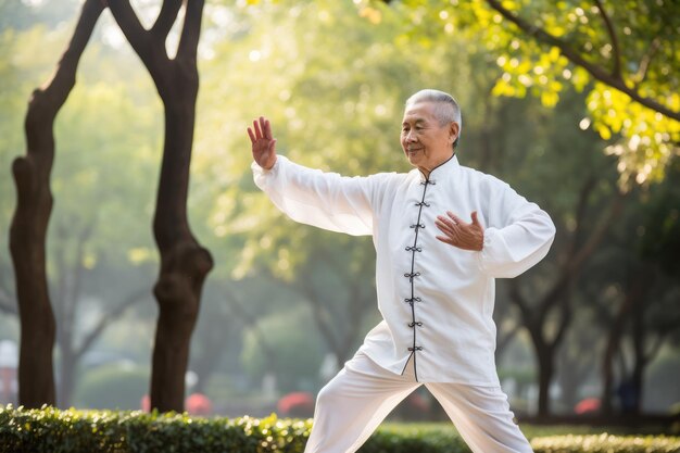 Een oudere man die tai chi beoefent in een rustig park