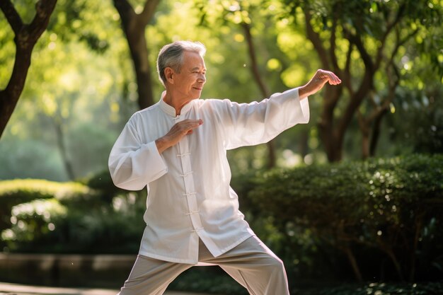 Foto een oudere man die tai chi beoefent in een rustig park