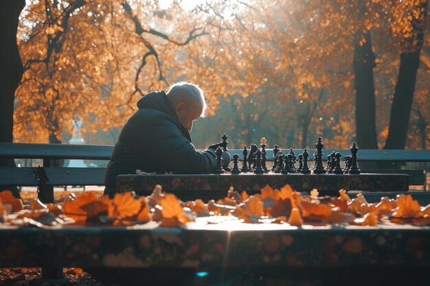 Een oudere man die zich bezighoudt met een strategisch schaakspel overweegt zijn volgende zet onder de schaduw van een boom in een park Een man die schaak speelt in een park gegenereerd door AI