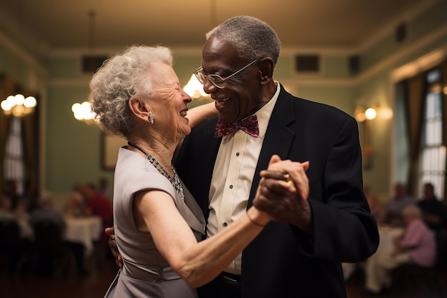 Een oudere man en vrouw die samen dansen op een sociaal evenement om hun vitaliteit te tonen