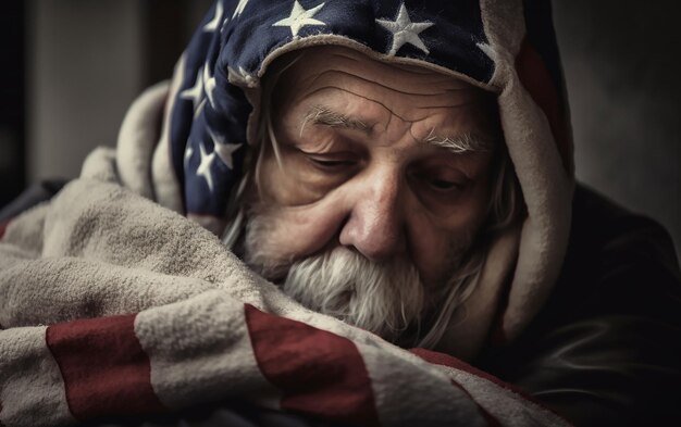 Een oudere man gewikkeld in een vlag met de tekst 'ik ben een dakloze'