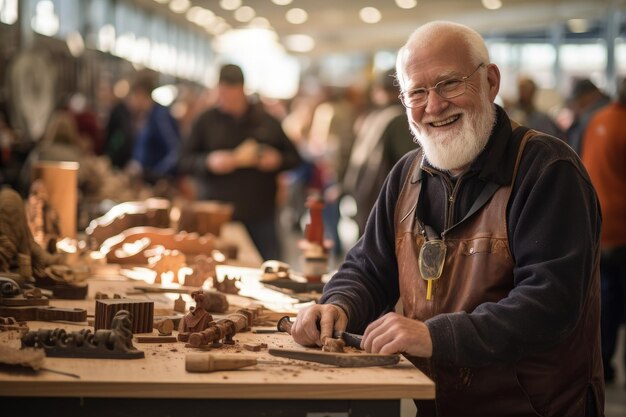 Een oudere man glimlacht terwijl hij aan een stuk hout werkt