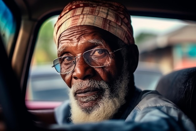 Een oudere man in een auto.