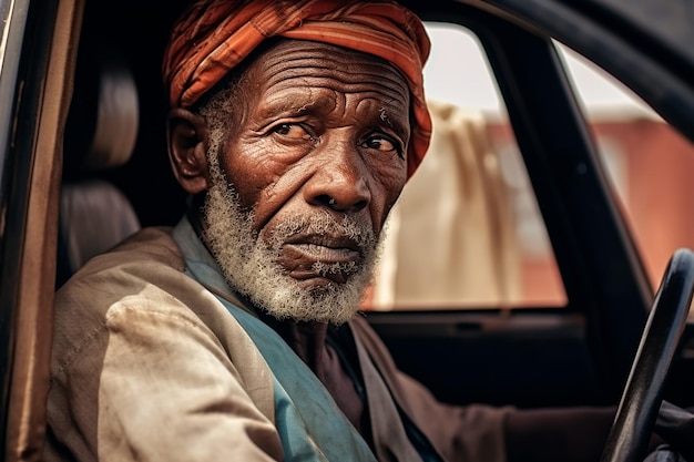 Een oudere man in een auto.