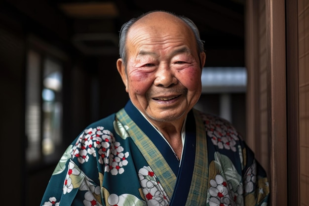 Een oudere man in een kimono die lacht naar de camera gemaakt met generatieve AI