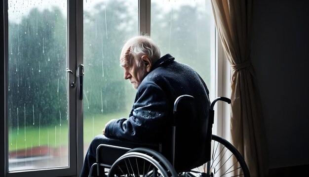 Een oudere man in een rolstoel kijkt uit een raam en ziet er verdrietig en alleen uit.