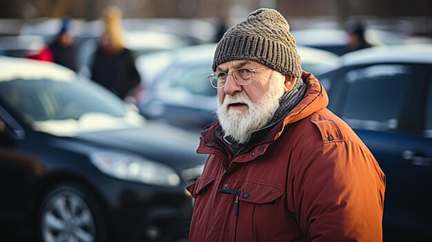 Een oudere man met een baard en bril die voor geparkeerde auto's staat