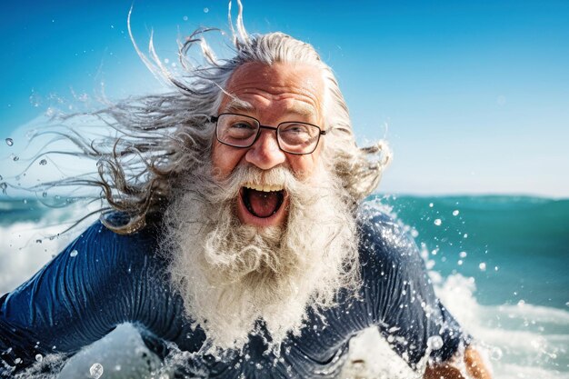 Foto een oudere man met een baard zwemt in de zee golven closeup portret gelukkige emoties actieve levensstijl ontspanning op het strand