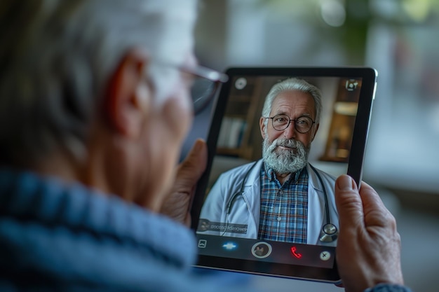 Foto een oudere man met een bril en een gezichtsmasker die via een telemedicine-sessie op een digitale tablet met haar arts overlegt