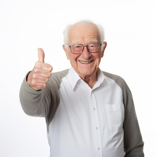 Een oudere man met een bril en een shirt waar "oud" op staat.