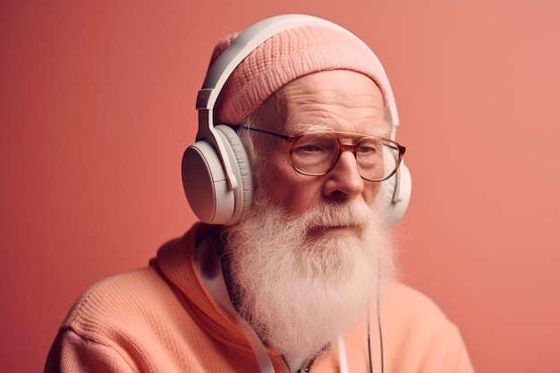 Een oudere man met een koptelefoon en een roze trui met een roze trui.