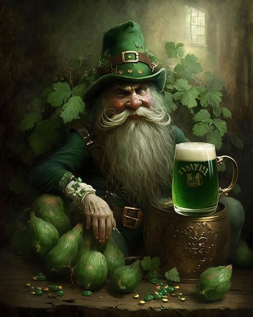 Een oudere man met een lange baard die een groene hoed draagt en een groene biermug vasthoudt Groen kleur symbool van St. Patrick's Day