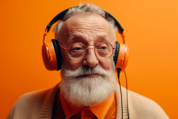 Een oudere man met een witte baard en een koptelefoon op.