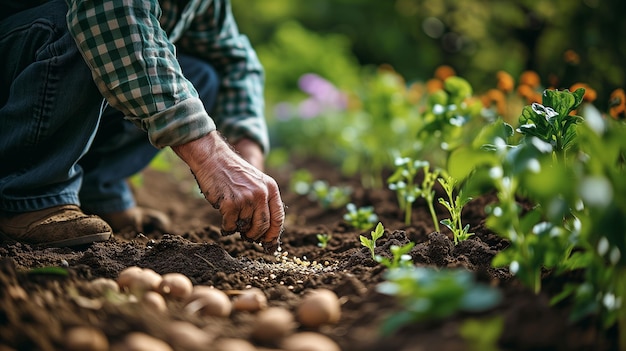 Foto een oudere man plant zaden in de tuin close-up van de handen van een man die zaden plant in de grond