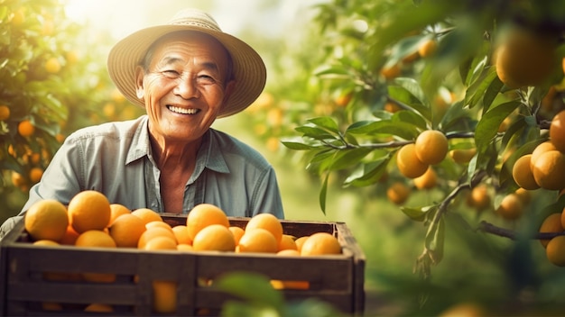 Een oudere man plukt sinaasappels in de tuin