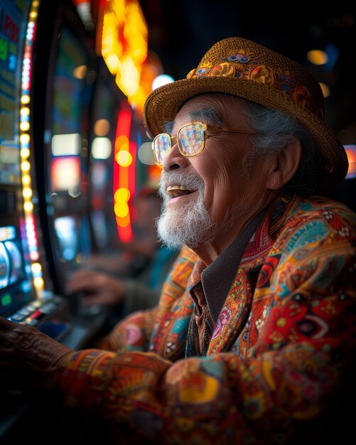 Een oudere man speelt op een gokmachine in het casino.