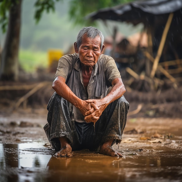 een oudere man zit in contact met regen in het droge seizoen globale opwarming