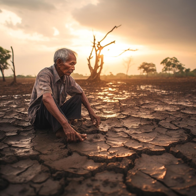 een oudere man zit in contact met regen in het droge seizoen globale opwarming